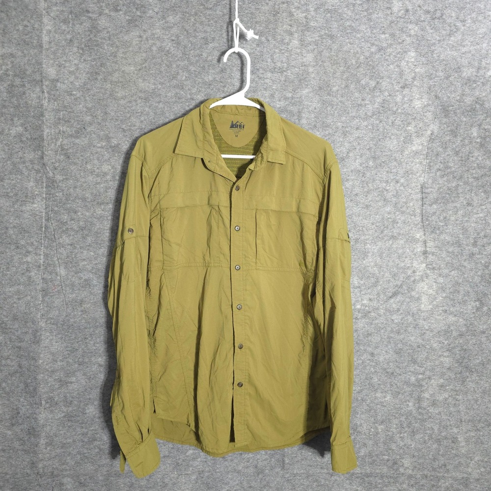REI Sahara Shirt Mens Medium Green Hiking Roll Tab Ventilated Nylon Spandex